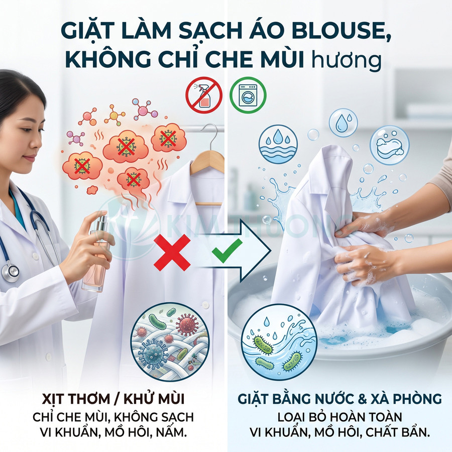 So sánh xịt thơm và giặt nước xà phòng khi làm sạch áo blouse bác sĩ, nhấn mạnh giặt sạch vi khuẩn và mồ hôi